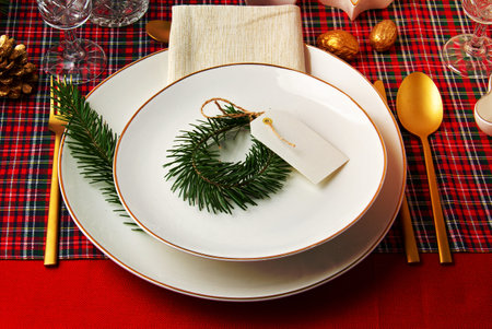 Mockup of festive decoration of christmas table for the party. Invitation, christmas celebration,...