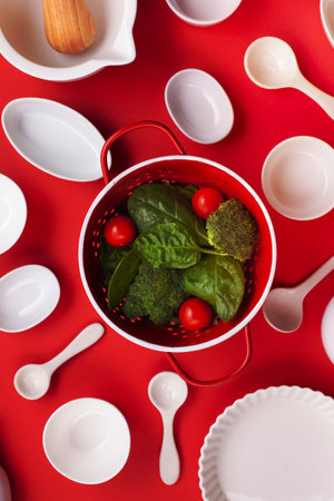 White tableware and kitchen utensils over the reg backgtound. Mockup, cooking blog and classes conceptの写真素材