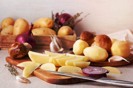 Freshly peeled potato, ready for cooking. Ingredient for the recipeの写真素材
