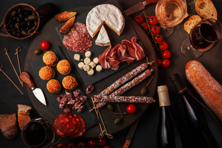 Appetizers table with differents antipasti, cheese, charcuterie, snacks and wine. Mini burgers, sausage, ham, tapas, olives, cheese variety board and baguette over grey concrete background. Top view, flat layの写真素材