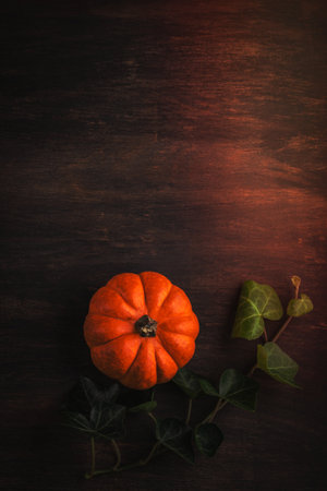 Pumpkins and leaves over wooden background copy space. Template fall harvest thanksgiving halloween invitation cards. Top view autumn composition.の写真素材