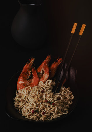Freshly cooked instant noodles with grilled prawns. Asian cuisine