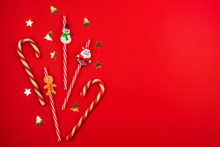 Flat lay with bright christmas decoration. New year celebration and christmas conceptの写真素材