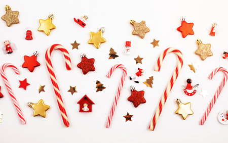 Flat lay with bright christmas decoration. New year celebration and christmas conceptの写真素材