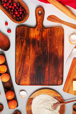 Rustic baking ingredients and kitchen utensils. Homemade pastry, baking. Top view flat lay...