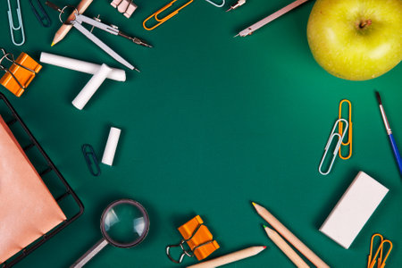School supplies for the beginning of classes. Back to school concept with copy space. Top viewの写真素材