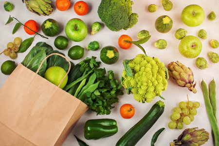 Top view of fresh organic vegetables in green color. Healthy eating concept in different seasons. Organic agriculture, farming, market, shoppingの写真素材