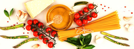 Flat lay with traditional italian pasta spaghetti and cooking ingredients. Traditional italian cusine concept. Top viewの写真素材
