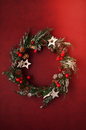Top view of traditional Christmas wreath with copy space. Winter holidays and Christmas celebration conceptの写真素材