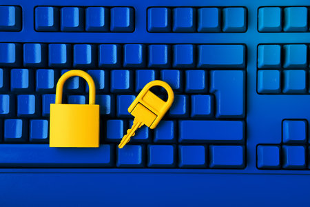 Cyber data and information security idea. Yellow padlock and key and blue keyboard. Computer,...