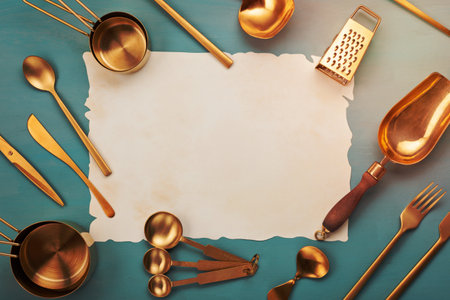 Flat lay with kitchen utensils and blank copy space. Kitchen recipe books, cooking blogs and classes conceptの写真素材