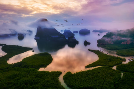 Aerial view of Phang Nga Bay in Samed Nang Chee viewpoint at sunrise, Phang Nga, Thailand