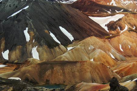 The Landmannalaugar Mountains in Iceland offer a breathtaking landscape with its vibrant and colorful hills.の写真素材