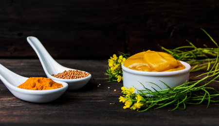 mustard sauce with its ingredients, turmeric, seeds and flowersの写真素材