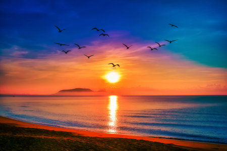 Landscapes of sunset on the beach with colorful sky background.の写真素材