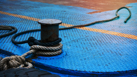 Boat rope tied up on a bitt Large steel bollard at the harbour
