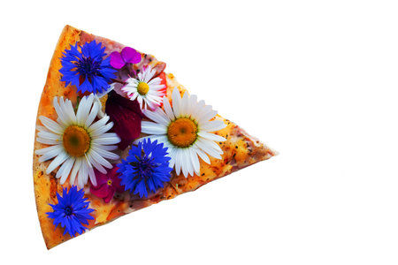 Creative pizza piece covered with colorful flowers.