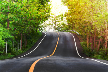 Countryside road with trees on both sides,Curve of the roadの写真素材