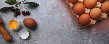 Ingredients for baking eggs rolling pin berries on a gray background. Cookie pie or cake recipe...