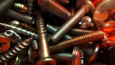 Bolts screws nuts construction fittings close-up.Macrophotography.Texture or background.Selective focus.の写真素材