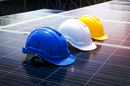 A safety helmet to prevent head bumps during work, a blue, white, yellow mechanic is placed on the...
