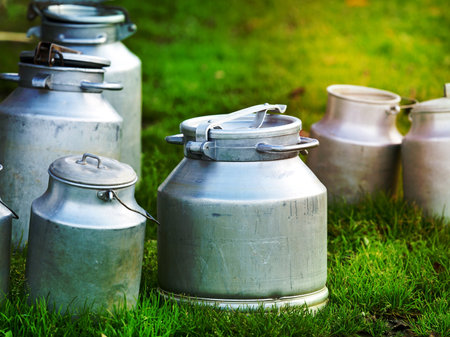 cow's milk in various metallic cansの写真素材