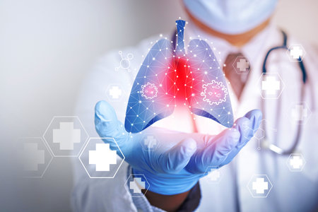 Doctors wearing masks and gloves Shows a graphical computer interface connected to a medical network. Treatment of lung disease caused by the coronavirus. Concept of health care and medical technologyの写真素材