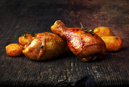 Roasted chicken legs and potatoes on wooden cutting boardの写真素材