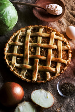Traditional rustic vegetarian pie with cabbage and onionsの写真素材