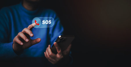 Businessman touch bar SOS Emergency app in home, call phone, Chat message icon, Emergency...