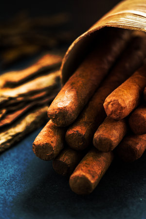 Cuban cigars in traditional artisan palm leafs boxの写真素材