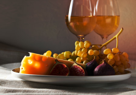 cheese with fruits and sweet wine on  white plateの写真素材