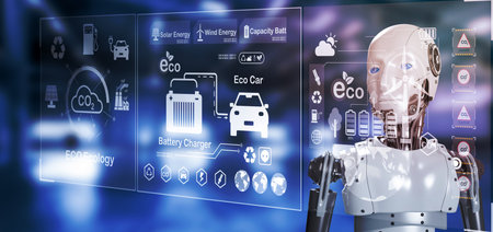 Robots working with digital displays,  AI robot humanoids virtual modern reduce CO2 emission...