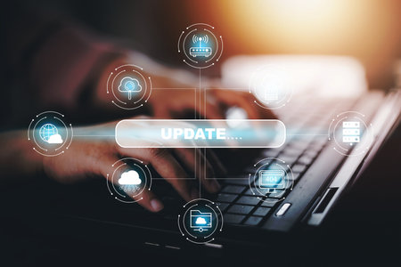 Hand touch bar of Update Software Computer Program Upgrade Business Technology Internet, Update on...