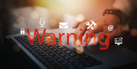 Email concept with laptop spam and virus computer monitor internet security concept, woman using laptop electronic send message. Spam, junk and e-marketing on screen, Spam Email Pop-up Warning.の写真素材