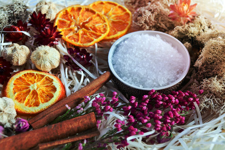Background of a spa with dried fruits, plants and flowersの写真素材