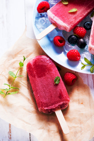 Refreshing ice cream with berry fruits, summer time