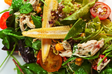 green salad with  chicken ,  tomato and cornの写真素材
