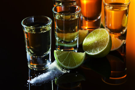tequila , salt and lime on a black glass table.の写真素材
