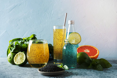 Basil seeds beverage with orange and tropical juice in glasses on light background. Close up....