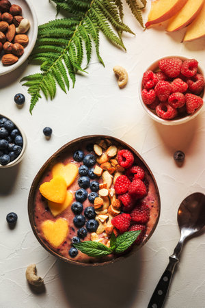 Banana and blueberry smoothie on white. Healthy breakfast in coconut bowl. View from above. Close up. Vertical format. Clean eating, vegetarian food.の写真素材