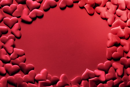 Pattern of romantic hearts on monochrome background. Valentine's day texture. Love concept. Trending color of 2023 - Viva Magenta.の写真素材