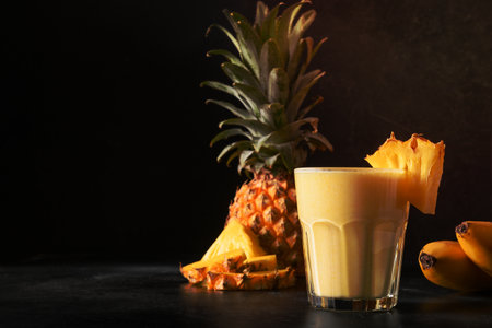 Pineapple lassie or smoothie on black background. Traditional healthy vegan asian beverage made of pineapple, yogurt and ice. Copy space.の写真素材