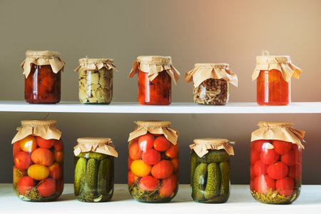 Homemade different canned food, marinated tomatoes, cucumber, mushrooms, fruits apricot jam on storage shelves for save.の写真素材