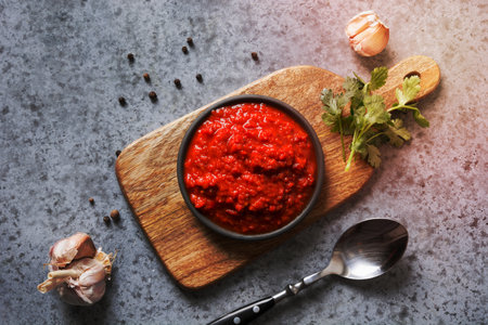 Tasty ajvar. Vegetable sauce or caviar of baked red bell pepper on grey. Balkan cuisine. Horizontal...