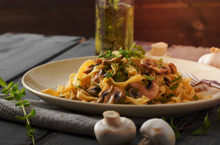 fettuccine with garlic and mushroomsの写真素材