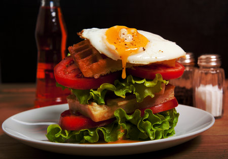 sandwich with wafers tomatoes salad and egg with aperolの写真素材