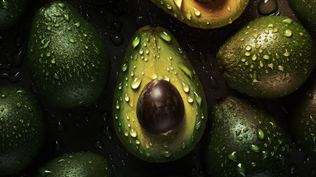 Generative AI, Macro Fresh Juicy half and whole of green avocado fruit background as pattern. Closeup photo with drops of waterの素材