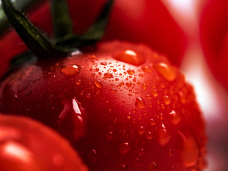 macro photo of fresh red cherry tomato with water drops on itの写真素材