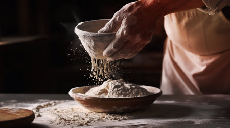 Generative AI, Hands of baker in restaurant or home  kitchen, prepares ecologically natural pastriesの素材